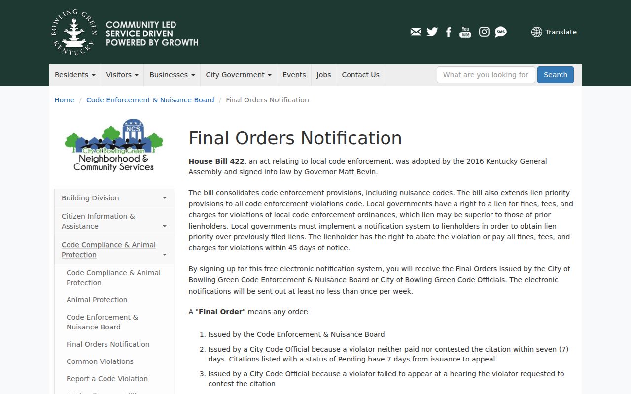 Bowling Green street directory code enforcement final orders